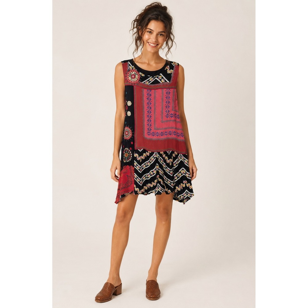 Desigual Creta Dress Women 38 Small Black Viscose Patchwork Boho Hippie Festival